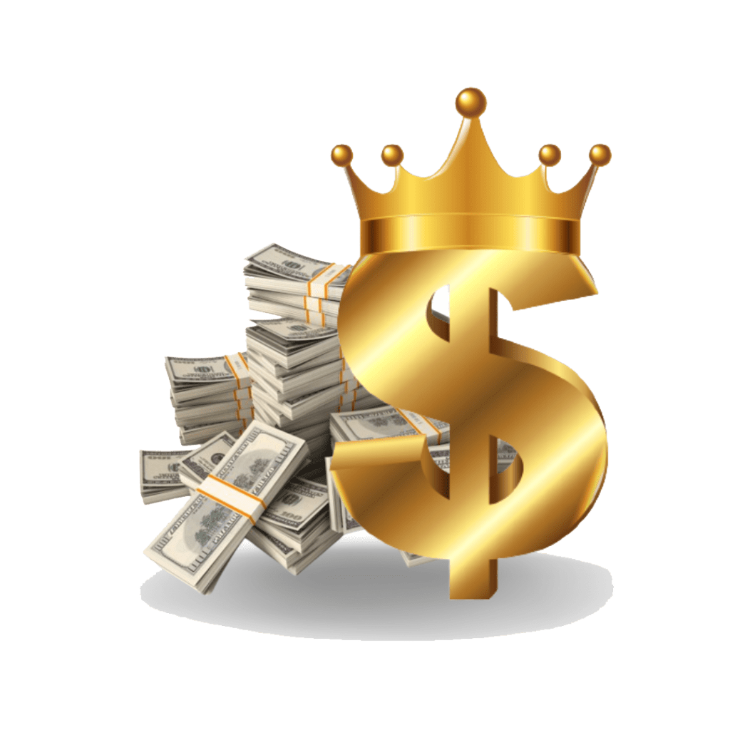 A crowned gold dollar sign with a lot of money as cash solutions.