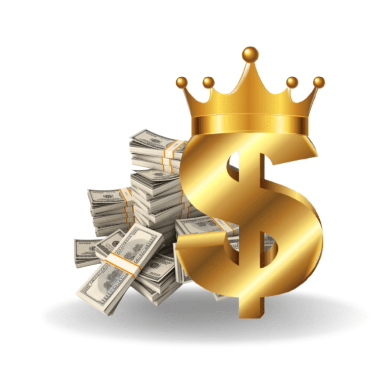 A crowned gold dollar sign with a lot of money as cash solutions.