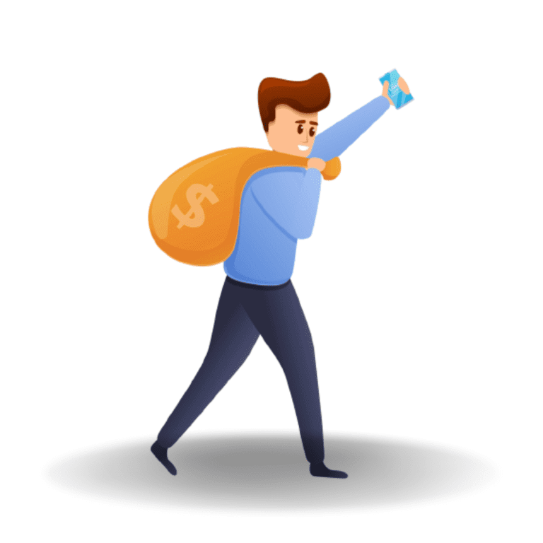 A man carrying a bag of money and holding a check as solutions.